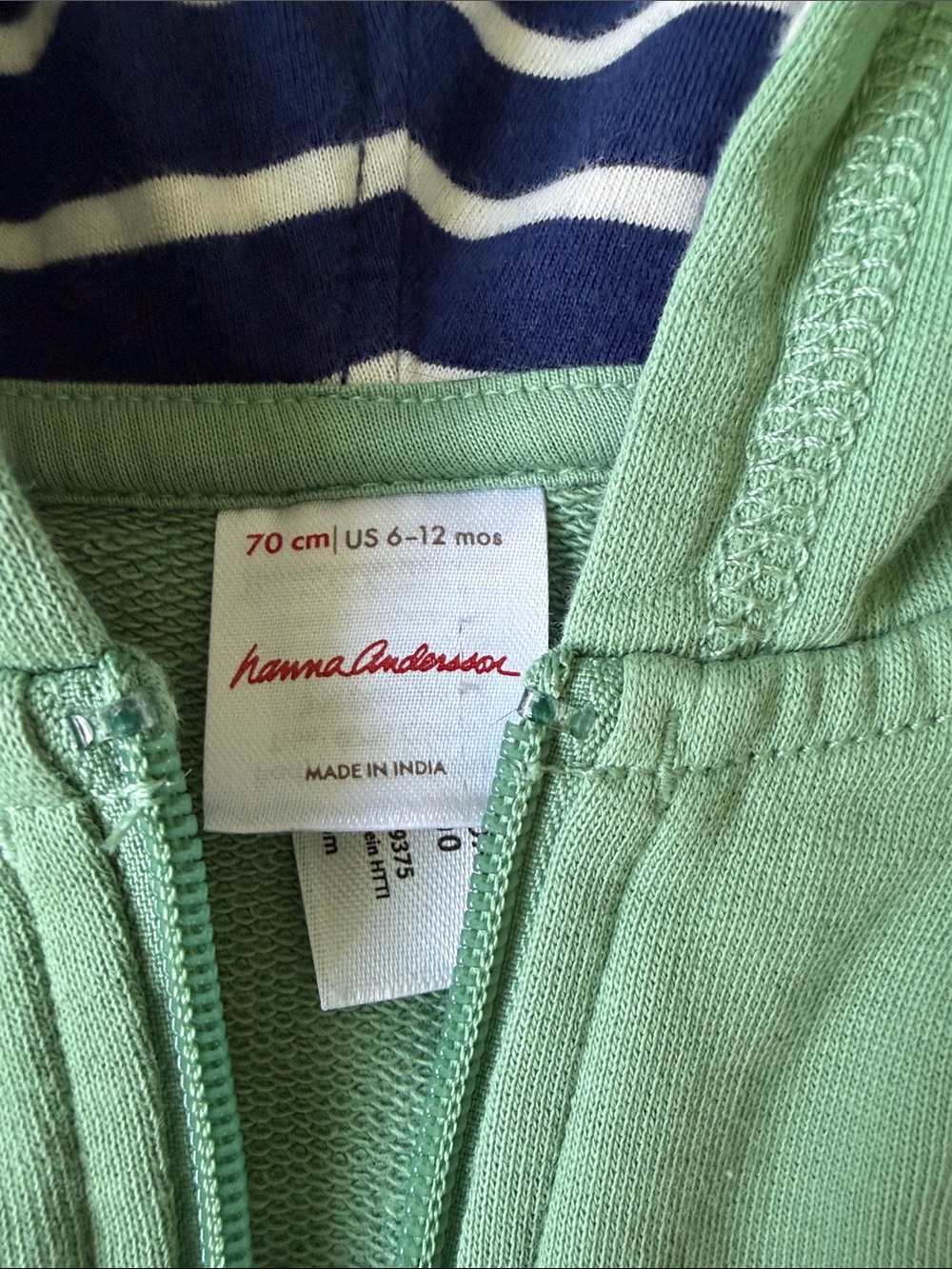 Hannah Anderson Hoodie green with Striped Lining 6-12m - Picture 2 of 3